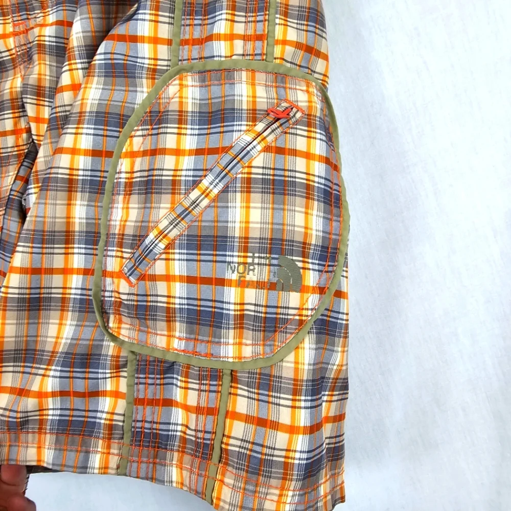 The North Face Board Shorts Orange Gray‎ White Plaid Unlined Men's Size 32